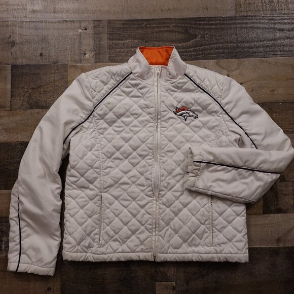 NFL Team Apparel Denver Broncos Quilted Jacket Women’s Large White Orange Warm - Picture 1 of 14